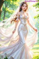 A woman in a wedding dress standing in a forest.