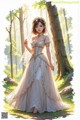 A woman in a wedding dress standing in the woods.