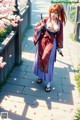 A woman in traditional attire holds a sword on a stone path with cherry blossoms.