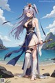 A woman in a bikini standing on a beach holding a sword.